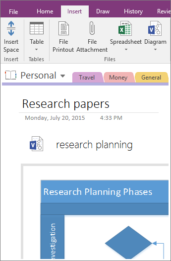 Screenshot of how to add an existing Visio diagram into OneNote 2016.