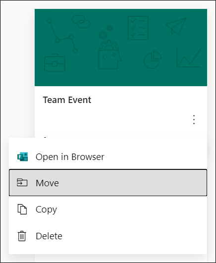 Options to open a form in a browser, move a form, copy a form, or delete a form for Microsoft Forms