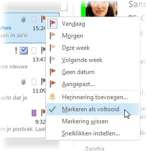 Opdracht Markeren als voltooid in het snelmenu van de berichtenlijst