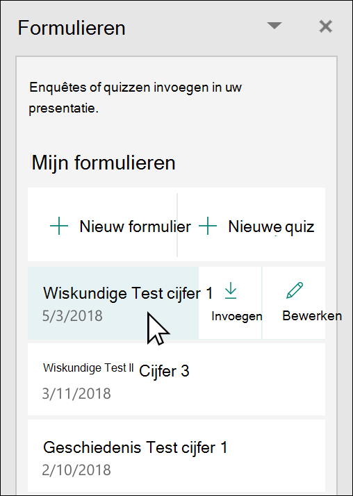 Een formulier of toets invoegen vanuit het deelvenster Microsoft Forms in PowerPoint