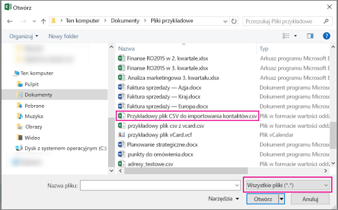 Aby znaleźć plik csv, przeszukaj Wszystkie pliki.