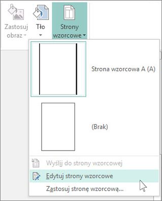 Zrzut ekranu przedstawiający listę rozwijaną Edytowanie stron wzorcowych w programie Publisher.