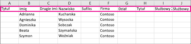 Oto jak wygląda przykładowy plik csv w programie Excel.