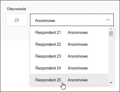 Wprowadź określony numer w polu wyszukiwania respondentów, aby wyświetlić szczegóły odpowiedzi tej osoby w Microsoft Forms