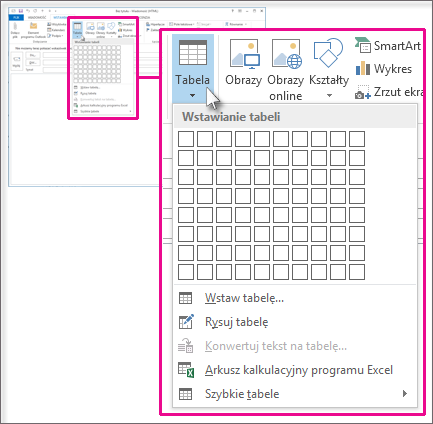 Polecenie Wstaw tabelę na wstążce