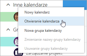 Zrzut ekranu przedstawiający menu kontekstowe Inne kalendarze, z wybraną opcją Otwórz kalendarz.