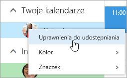 Zrzut ekranu przedstawiający menu kontekstowe Twój kalendarz z wybraną pozycją Uprawnienia do udostępniania.