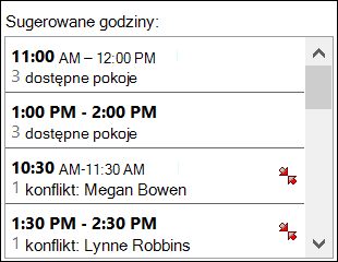 Użyj selektora Sugerowane godziny, aby sprawdzić, kiedy uczestnicy są dostępni.