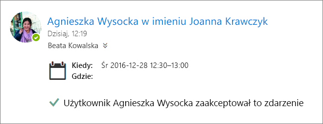 Zrzut ekranu przedstawiający zaproszenie na spotkanie zaakceptowane przez pełnomocnika.