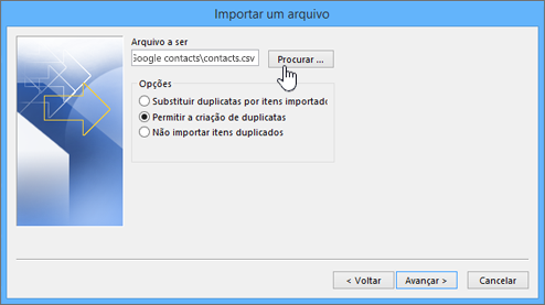 Navegue até o arquivo csv de contatos e escolher como lidar com contatos duplicados