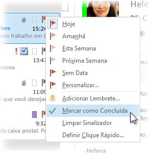 Comando Marcar como Concluída no menu de atalho na lista de mensagens