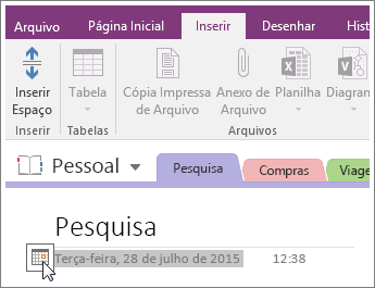 Captura de tela de como alterar o carimbo de data de uma página no OneNote 2016.