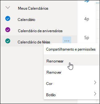 Uma captura de tela do menu de contexto do calendário com a opção Renomear selecionada