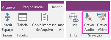 Captura de tela do menu Inserir com botões de AV no OneNote 2016.