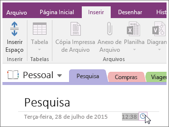 Captura de tela de como alterar o carimbo de hora em uma página no OneNote 2016.