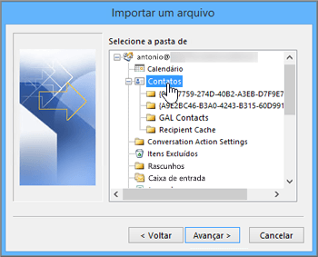 Quando você importa contatos do Google Gmail para sua caixa de correio do Office 365, selecione Contatos como destino