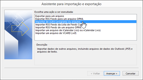 assistente de importação e exportação: importar de outro programa ou arquivo