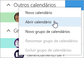 Uma captura de tela do menu de contexto para Outros Calendários, com Abrir Calendário selecionado.