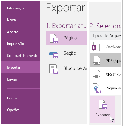 Captura de tela de como exportar uma página de anotações no OneNote 2016.