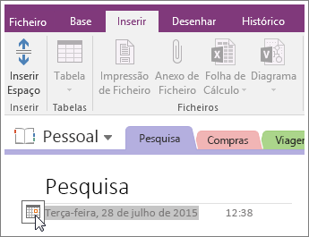 Captura de ecrã de como alterar o carimbo de data/hora de uma página no OneNote 2016.