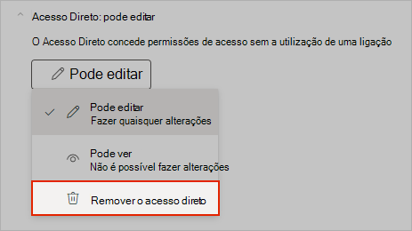 Captura de ecrã do OneNote a mostrar como remover o acesso direto à partilha