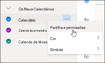 Captura de ecrã do cursor a pairar sobre Partilha e permissões no menu de contexto do calendário