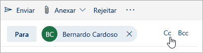 Uma captura de ecrã dos botões Cc e Bcc