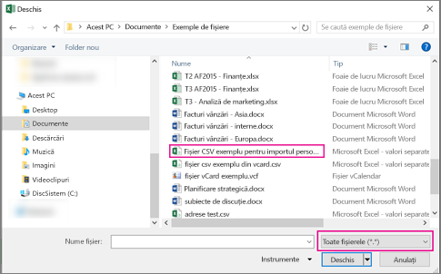 Pentru a găsi fișierul .csv, aveți grijă să căutați Toate fișierele.