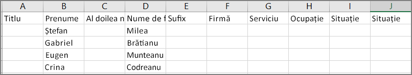 Un exemplu de fișier .csv după exportul persoanelor de contact din Outlook
