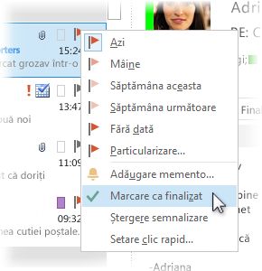 Comanda Marcare ca finalizat din meniul cu clic cu butonul din dreapta în lista de mesaje