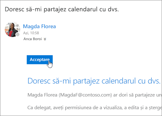 Captură de ecran a unei invitații la un calendar partajat.