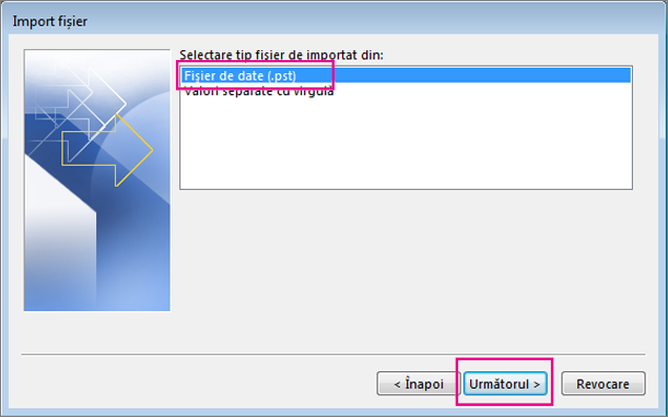 Alegeți să importați un fișier de date Outlook (.pst)