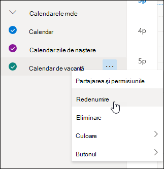Captură de ecran a meniului contextual al calendarului cu opțiunea Redenumire selectată