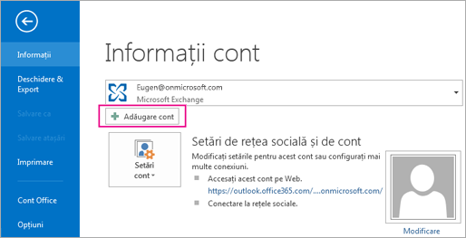 Pentru a adăuga un cont Gmail în Outlook, faceți clic pe butonul Adăugare cont