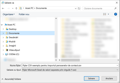 Când descărcați fișierul .csv eșantion, salvați-l pe computer ca tip de fișier .csv.