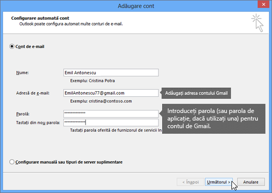 Introduceți adresa de e-mail Gmail și parola contului Gmail