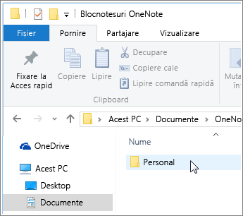 Captură de ecran a folderului Documente Windows cu folderul Blocnotes OneNote vizibil.