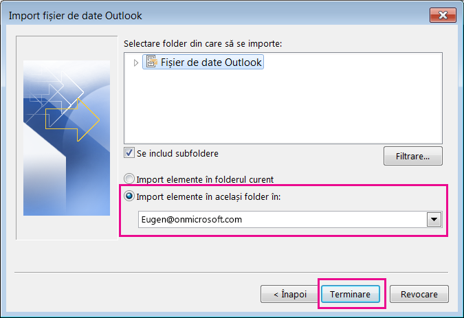 Alegeți Terminare pentru a importa fișierul .pst Outlook în cutia dvs. poștală Office 365.