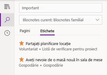 Rezultate de căutare pentru etichetă în OneNote pentru Windows 10
