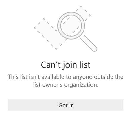 List sharing error message from Microsoft To Do that says "Can't join list. Această listă nu este disponibilă pentru nimeni din afara organizației proprietarului listei."