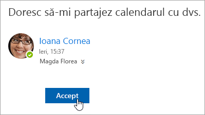 Captură de ecran a butonului Accept dintr-o notificare de e-mail în Calendar partajat.