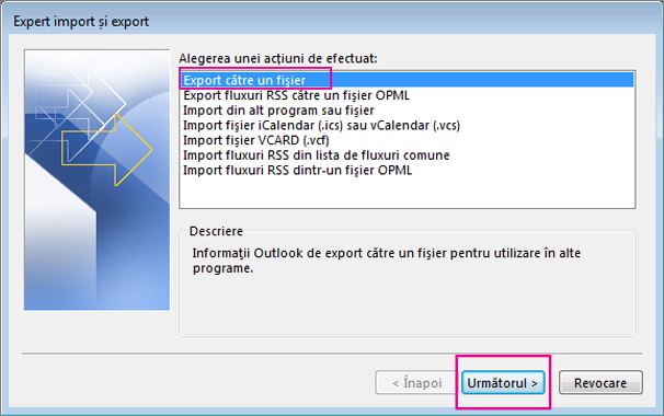 Alegerea opțiunii Export în fișier