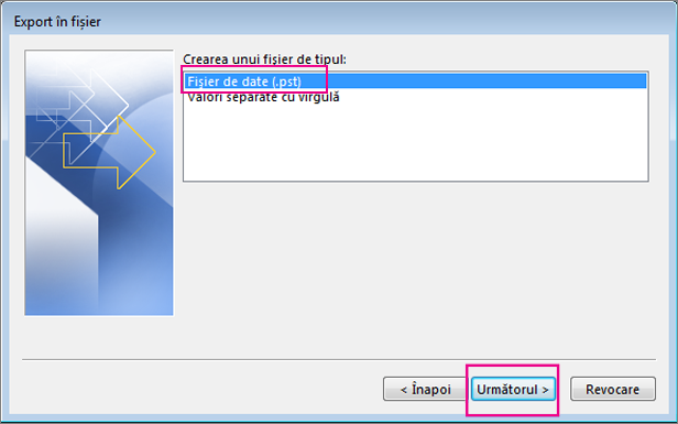 Alegeți Fișier de date Outlook (.pst), apoi alegeți Următorul