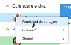 Captură de ecran a meniului contextual pentru Calendarul dvs., cu Permisiuni de partajare selectat.