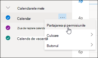 Captură de ecran a cursorului plutind peste Partajare și permisiuni în meniul contextual al calendarului