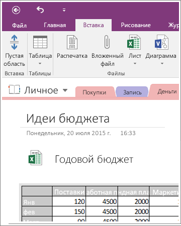 Снимок экрана с внедренным листом в OneNote 2016