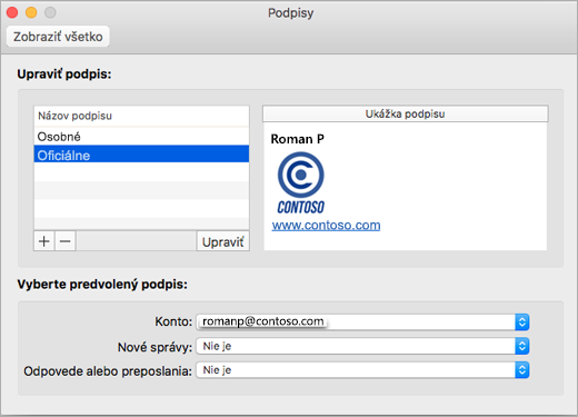 Stránka s predvoľbami Outlooku a podpismi