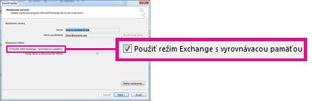 Začiarkavacie políčko Použiť režim Exchange s vyrovnávacou pamäťou v dialógovom okne Zmena konta