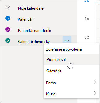 Snímka obrazovky s kontextovou ponukou kalendára s vybratou položkou Premenovať
