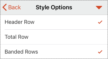 Ponuka hlavičky tabuľky v PowerPointe pre iOS.